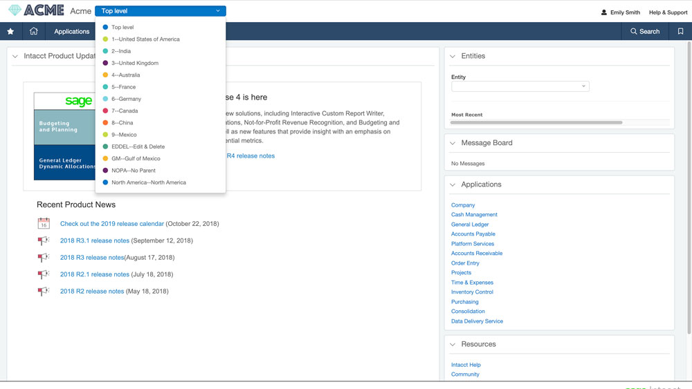 Sage Intacct Multi Entity Drop Down